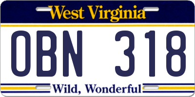 WV license plate OBN318