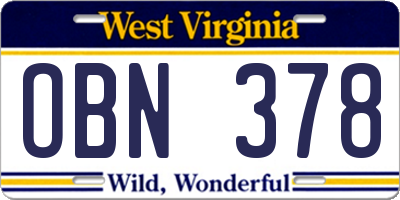 WV license plate OBN378