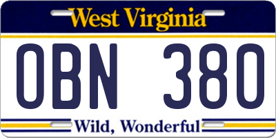 WV license plate OBN380