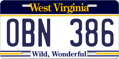 WV license plate OBN386
