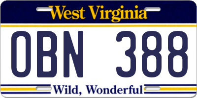 WV license plate OBN388