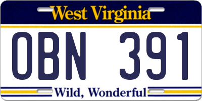 WV license plate OBN391