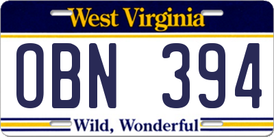 WV license plate OBN394