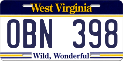 WV license plate OBN398