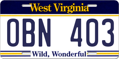 WV license plate OBN403