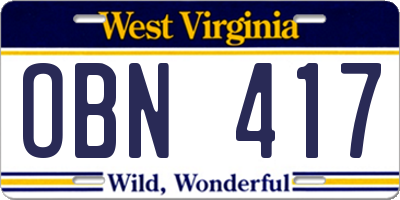 WV license plate OBN417