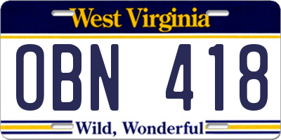 WV license plate OBN418