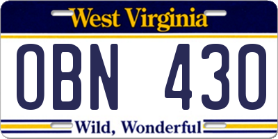 WV license plate OBN430