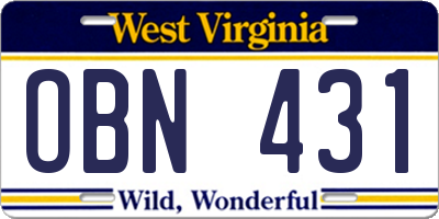 WV license plate OBN431