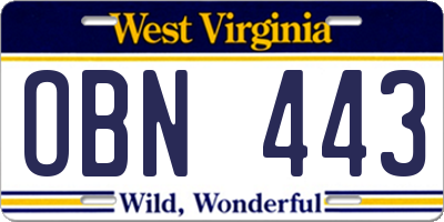 WV license plate OBN443