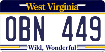 WV license plate OBN449