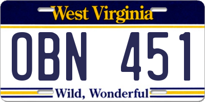WV license plate OBN451