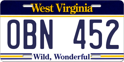 WV license plate OBN452