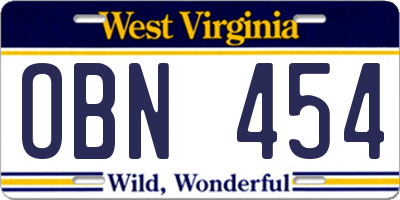 WV license plate OBN454