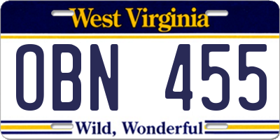 WV license plate OBN455