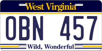 WV license plate OBN457