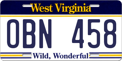 WV license plate OBN458