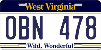 WV license plate OBN478