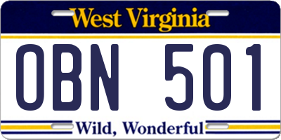 WV license plate OBN501