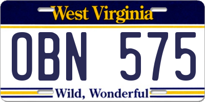 WV license plate OBN575