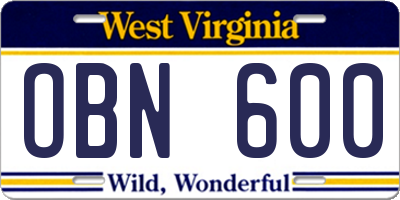 WV license plate OBN600