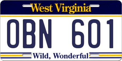 WV license plate OBN601