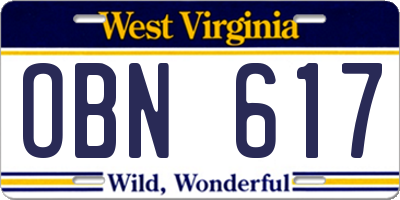 WV license plate OBN617
