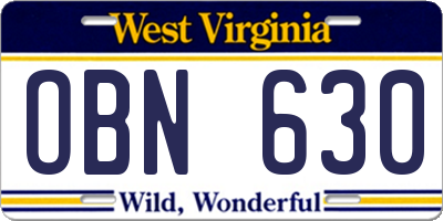 WV license plate OBN630