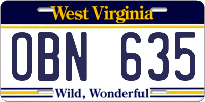 WV license plate OBN635