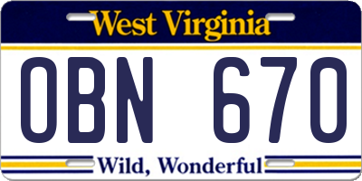 WV license plate OBN670