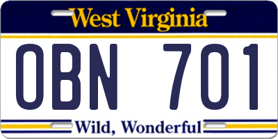 WV license plate OBN701