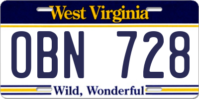 WV license plate OBN728