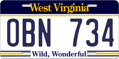WV license plate OBN734