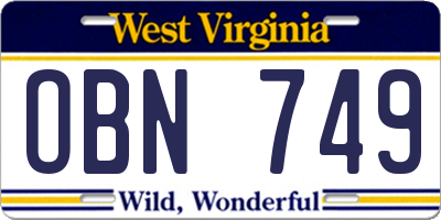 WV license plate OBN749