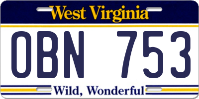 WV license plate OBN753