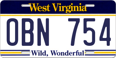 WV license plate OBN754