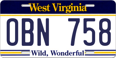 WV license plate OBN758