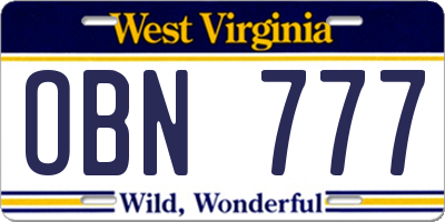 WV license plate OBN777