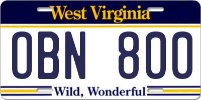 WV license plate OBN800