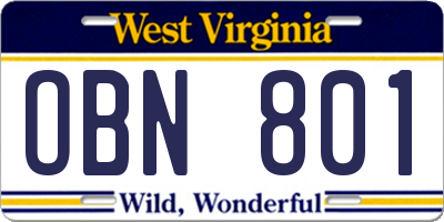 WV license plate OBN801