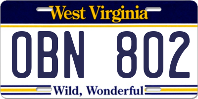 WV license plate OBN802