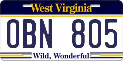 WV license plate OBN805