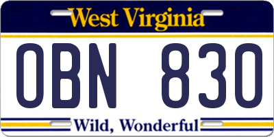 WV license plate OBN830