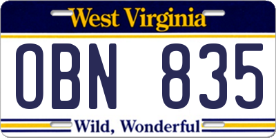 WV license plate OBN835