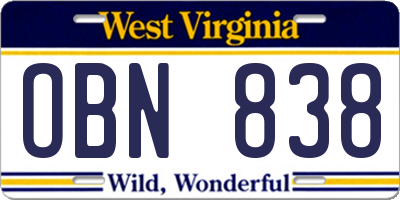 WV license plate OBN838