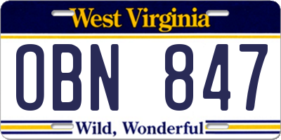 WV license plate OBN847