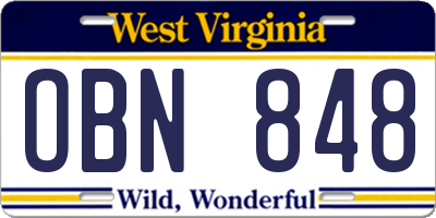 WV license plate OBN848