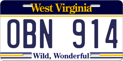 WV license plate OBN914