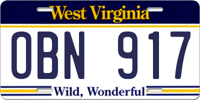 WV license plate OBN917