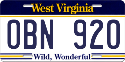 WV license plate OBN920